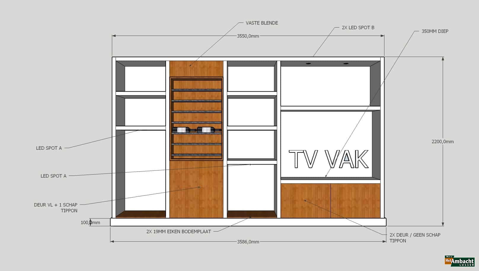 Wandkast eiken/MDF met RVS wijnrek