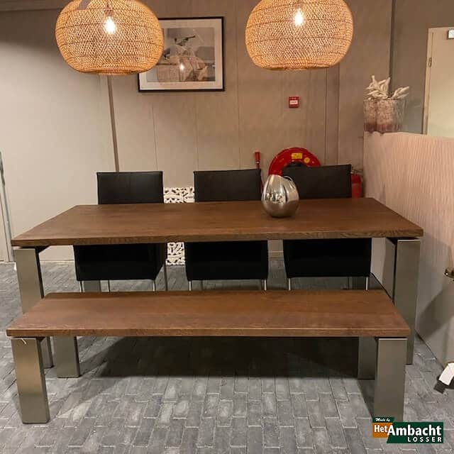 RVS 12×4 / eiken eettafel + eetkamerbank