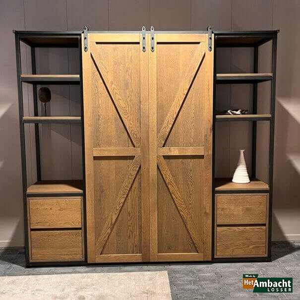 OPRUIMING!! MetalWood schuifdeurkast met Barnwood deuren