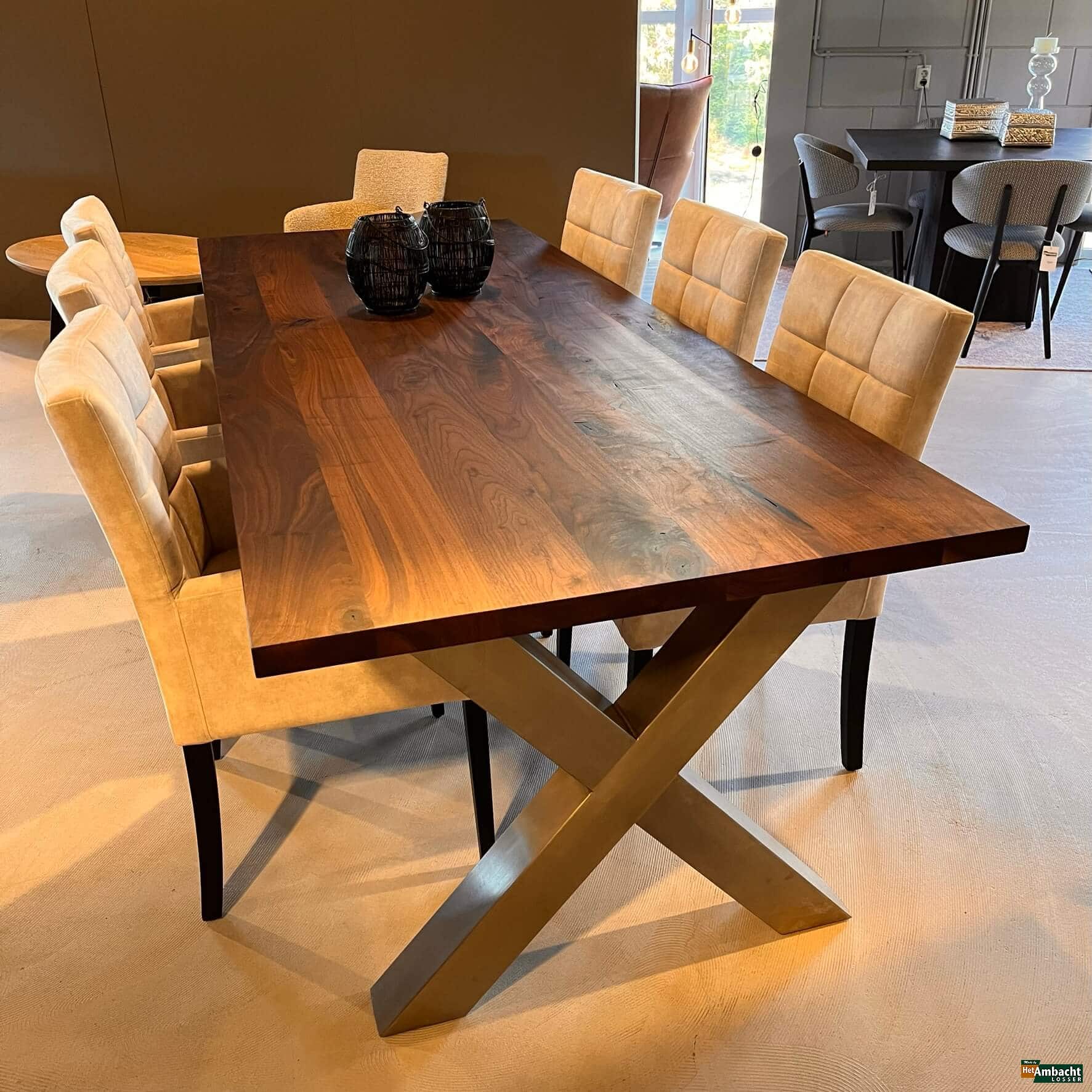 Rechthoekige noten eettafel Poot X RVS